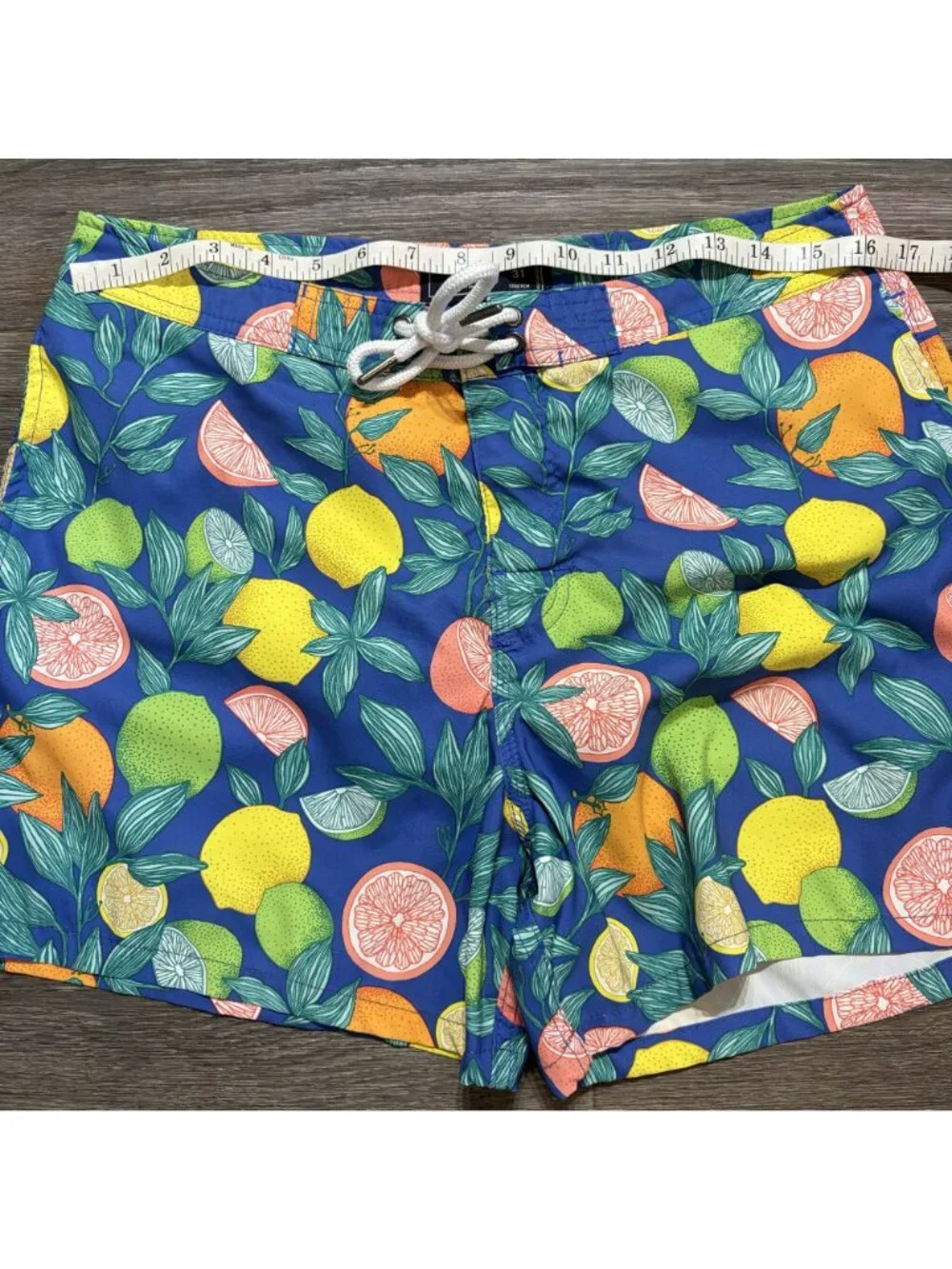 Abercrombie & Fitch Swim Trunks 31 Blue Yellow Green Tropical Lined Drawstring